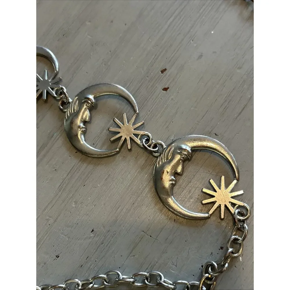 Celestial Moon Sun Adjustable Silver Tone Metal Chain Belt Boho 50”